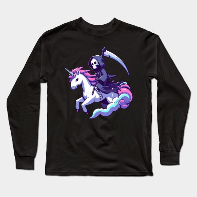 Grim Reaper Death Riding Rainbow Unicorn Long Sleeve T-Shirt by TomFrontierArt